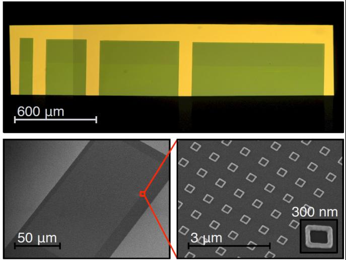 Sample used to measure flux-induced persistent currents in mesoscopic normal metal rings. Gold rings are placed on suspended cantilevers and their magnetic moment associated with the persistent currents is measured by torque magnetometry. Optical (top) and electron microscope (bottom) images of silicon cantilevers with arrays of gold rings on them. This technique enables us to measure persistent current with great precision (Jack Harris lab).